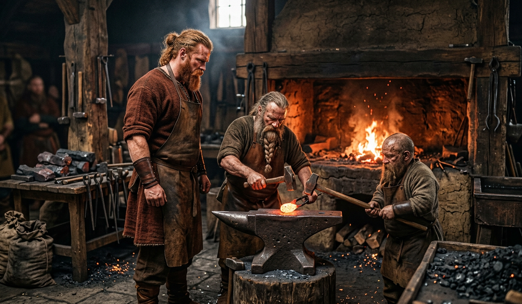 Dwarven blacksmiths hammer red-hot iron near a blazing furnace inside a dark stone workshop as a red-bearded warrior watches.