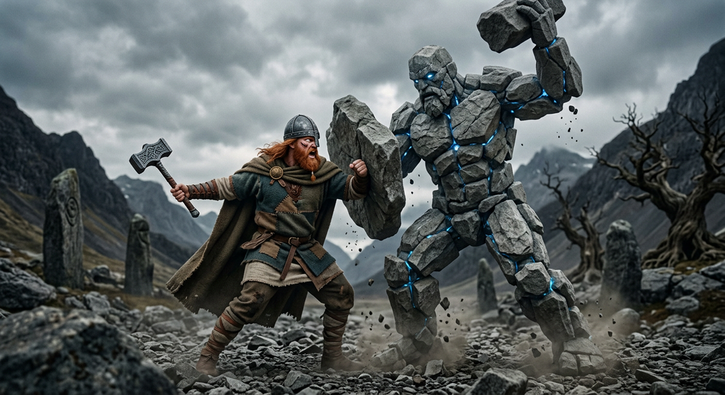 A red-bearded warrior raises his iron hammer against a massive stone giant in a rugged, rocky landscape.