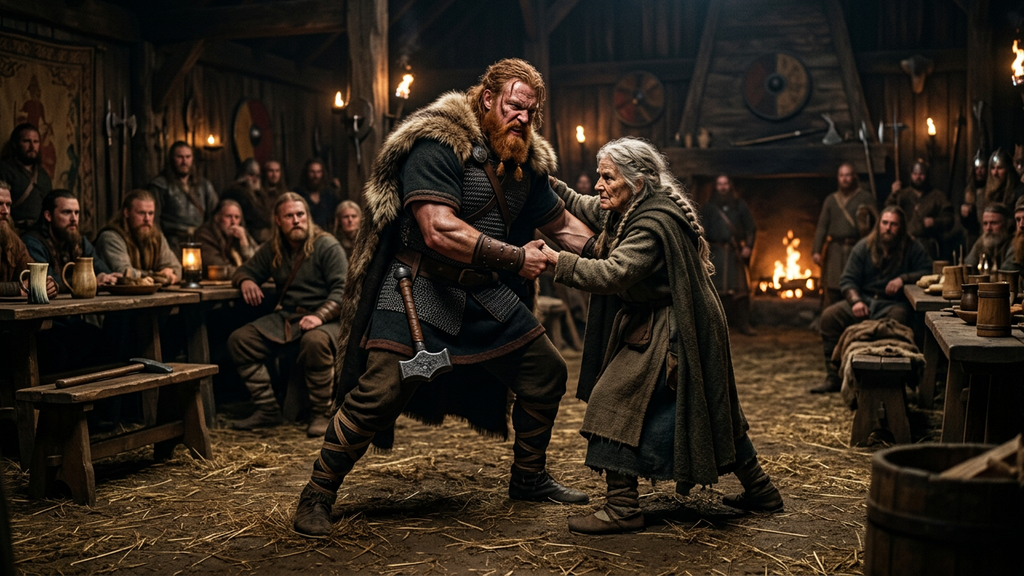 A red-bearded god grapples with an elderly woman inside a dimly illuminated hall before seated onlookers.