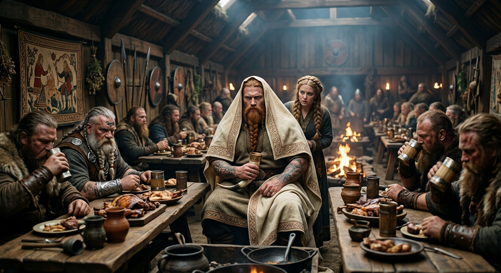 A red-bearded warrior dressed in a bridal veil and gown sits among giant feast guests at a lavish banquet table.