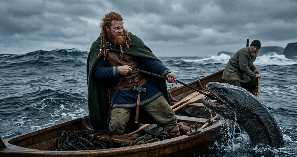 A red-bearded man stands in a tossing wooden boat on stormy seas, pulling a colossal sea serpent from the waves.