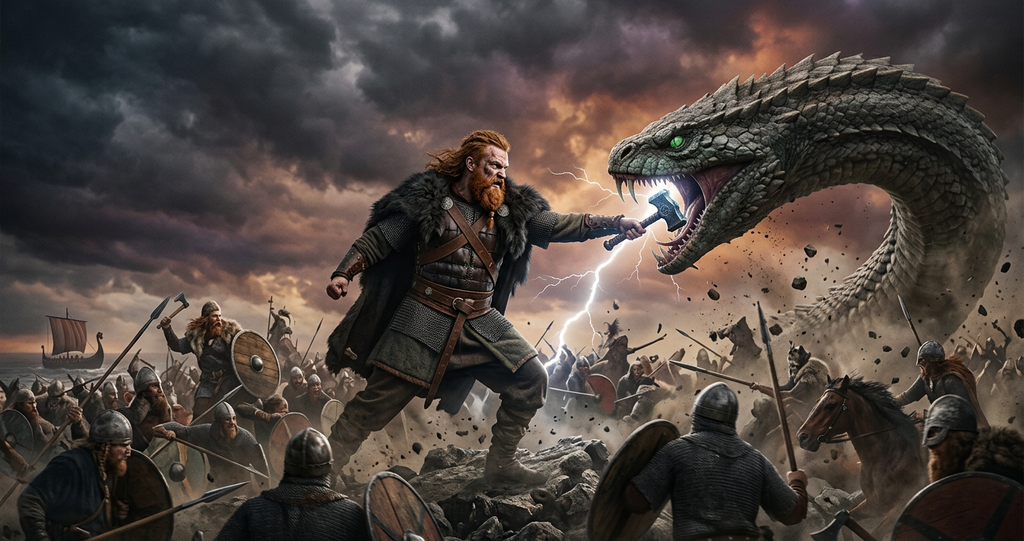 Under an apocalyptic dark sky, a red-bearded warrior strikes a giant sea serpent with flashes of lightning.