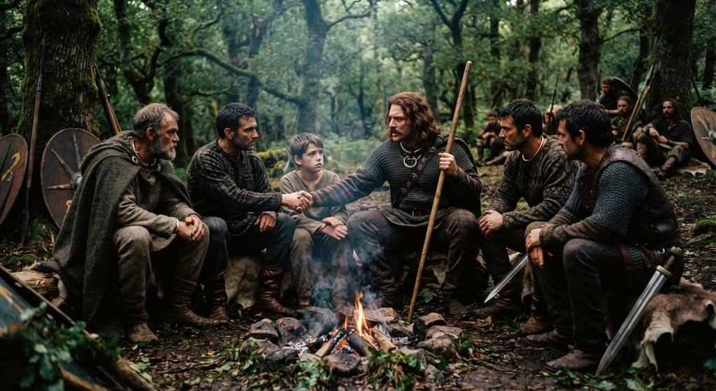 Celtic chieftains sit around a council fire in an oak grove, exchanging hostages.