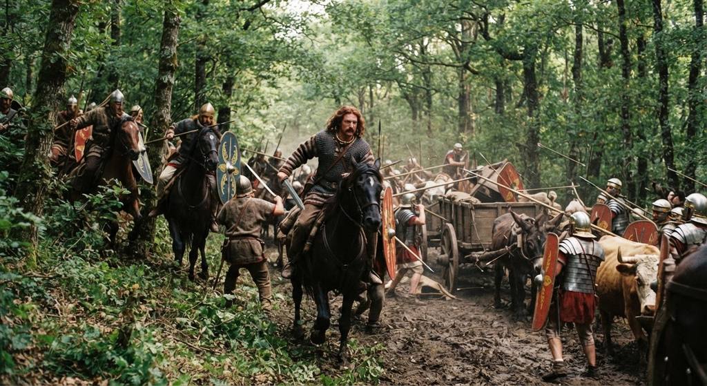 Gallic cavalry ambush a Roman supply wagon train on a narrow forest trail.