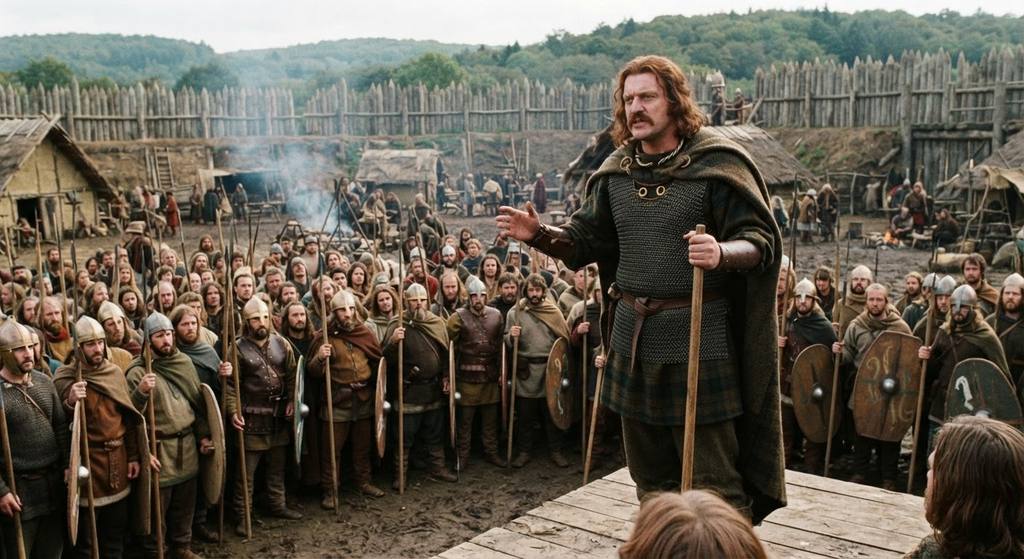 Vercingetorix addresses a disciplined assembly of Celtic warriors in a fort.