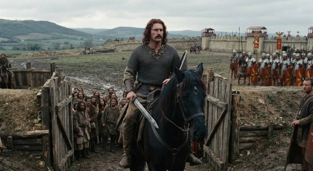 Vercingetorix rides from the gates of Alesia to surrender his weapons.