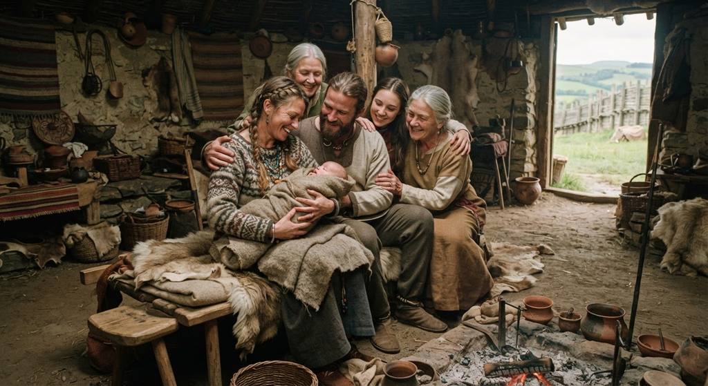 A family gathers in a stone-walled room within a hill fort to celebrate the birth of a newborn infant.