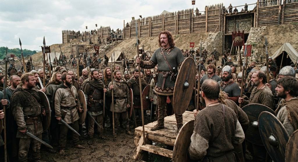 Gallic warriors gather around a timber rampart in a fortified settlement.