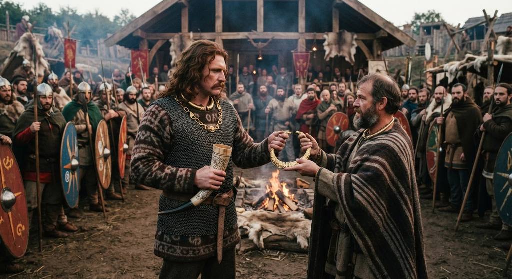 Celtic chieftains exchange golden neck torcs and drink from ceremonial horns.
