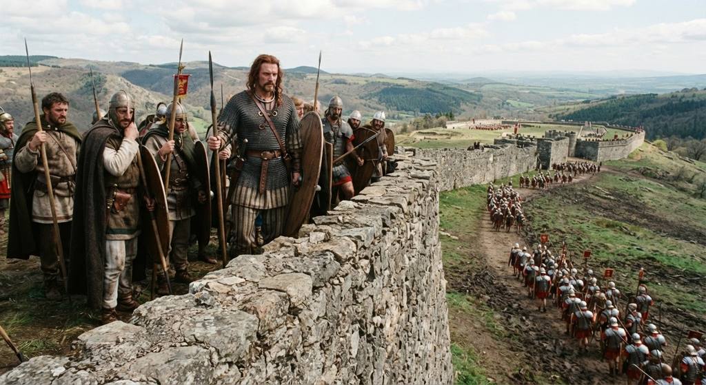 Gallic defenders stand on stone walls looking down at retreating Roman soldiers.