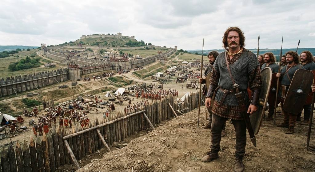 Double lines of wooden palisades and towers encircle a rugged Gallic hill fort.