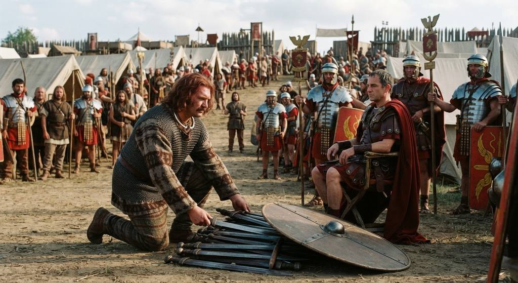 A tall Gallic commander lays down iron swords and a shield before Roman tents.