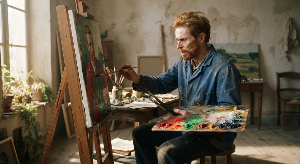 Sunlight illuminates an artist's palette loaded with thick mounds of vermilion and emerald paint.