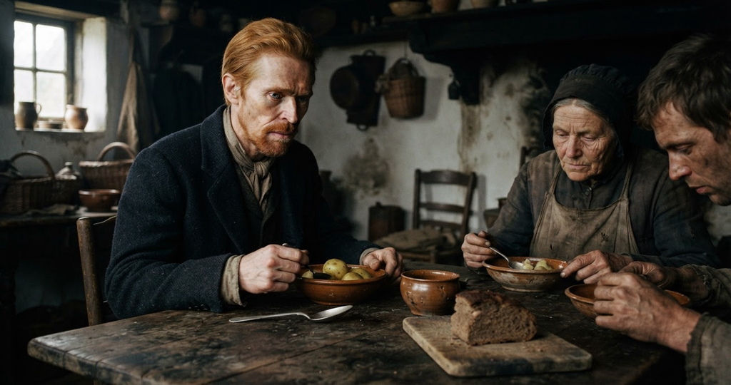 Coarsened hands rest on a worn wooden table beside simple earthenware bowls.
