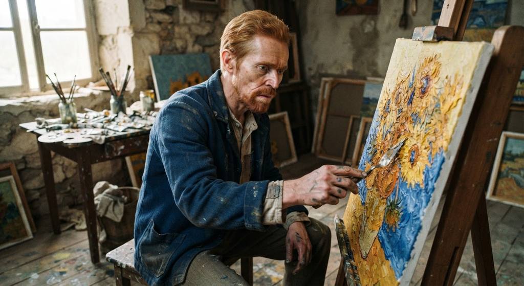 Thick ridges of yellow and cobalt oil paint are applied to a canvas in a sunlit room.