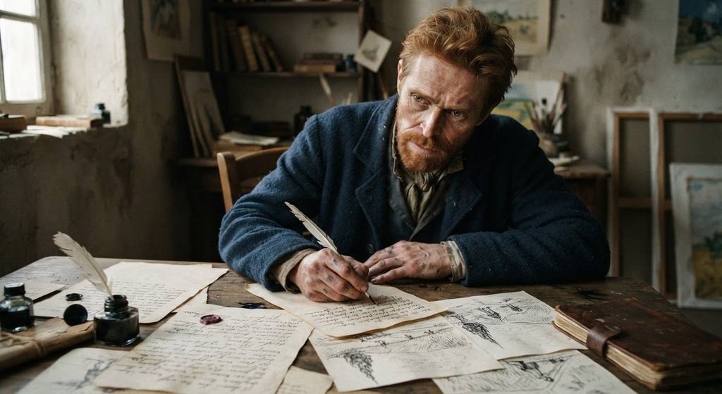 Ink-stained paper with neat Dutch script lies next to small pen sketches of wheat fields.