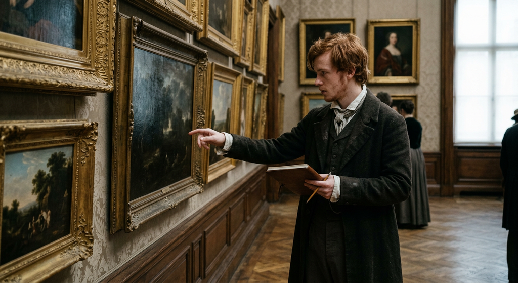 A man with reddish hair and a beard stands in a nineteenth-century art gallery filled with classical paintings.
