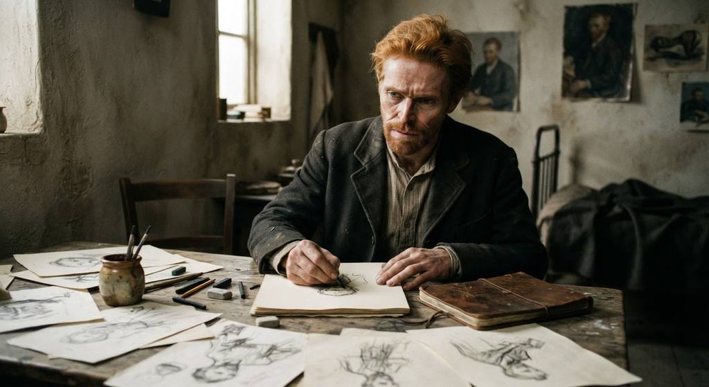 Rough charcoal sketches are scattered across a wooden table in a modest room.