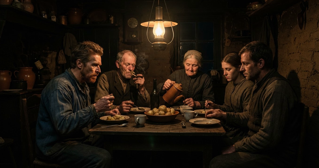 Peasants share a simple meal by lamplight in a dimly lit, rustic cottage room.