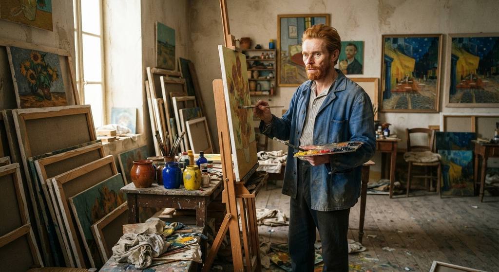 A bright studio in Arles contains stacked canvases and jars filled with vibrant pigments.