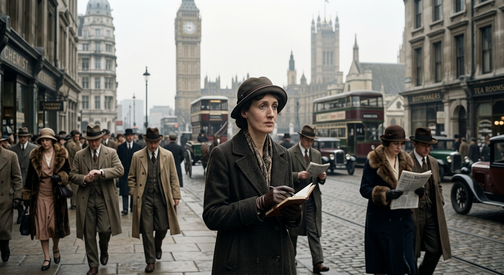 Virginia Woolf walks down a London street with Big Ben visible in the distance.