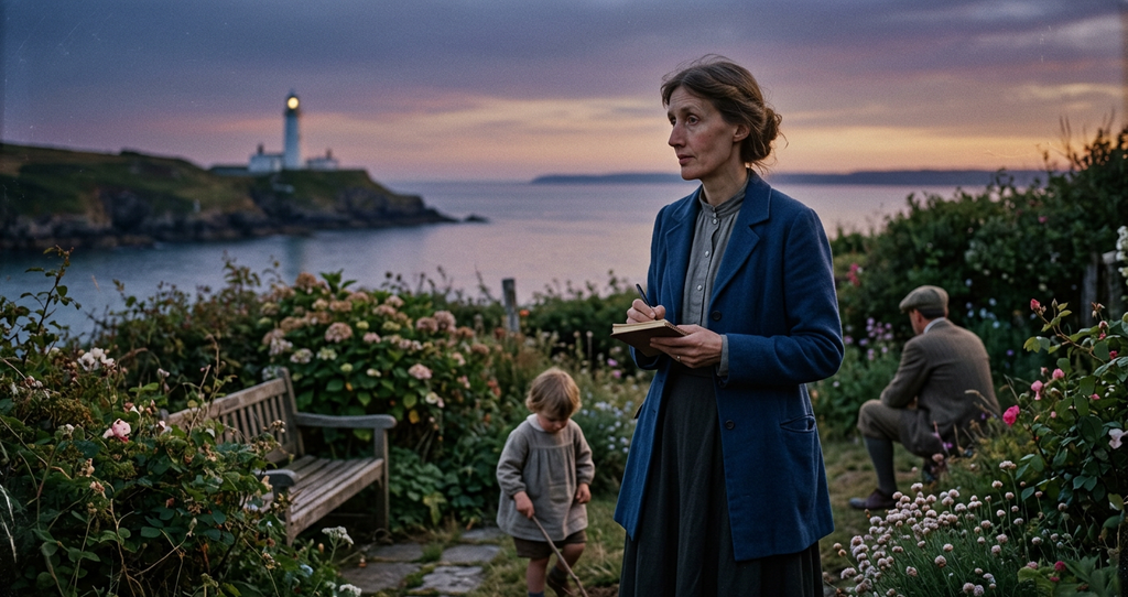 Virginia Woolf stands in a garden looking toward a white lighthouse across a bay.
