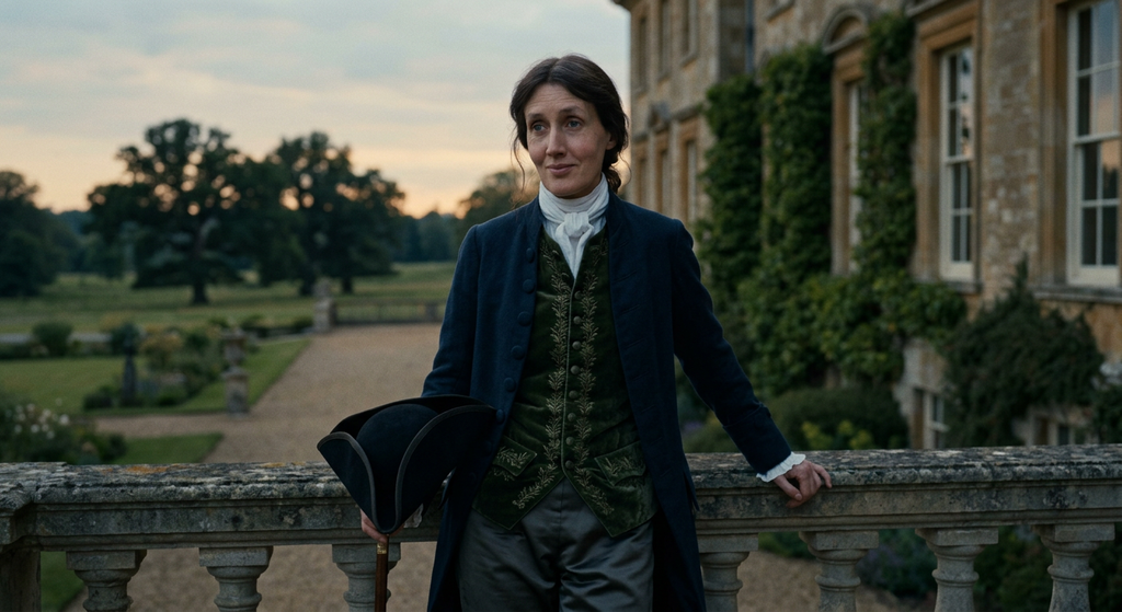 Virginia Woolf wears 18th-century aristocratic clothing before a grand country estate.