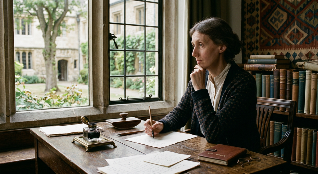 Virginia Woolf sits at a desk in a quiet study overlooking a college courtyard.