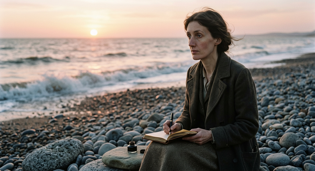 Virginia Woolf stands on a pebble beach at dawn as waves crash on the shore.