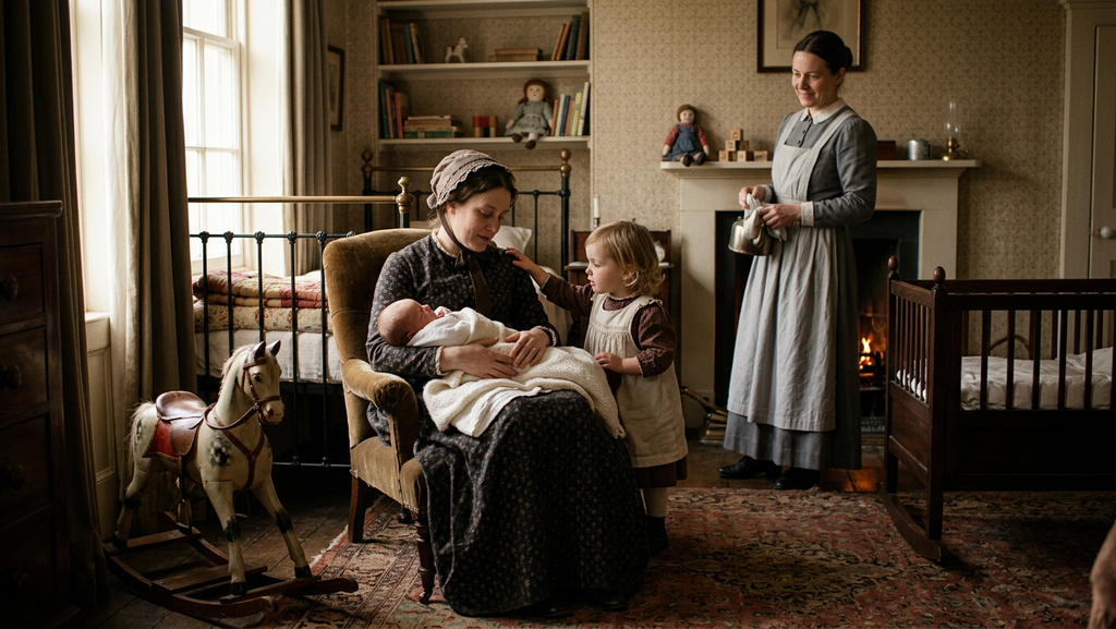 A young Virginia Woolf stands in a Victorian nursery filled with period toys.