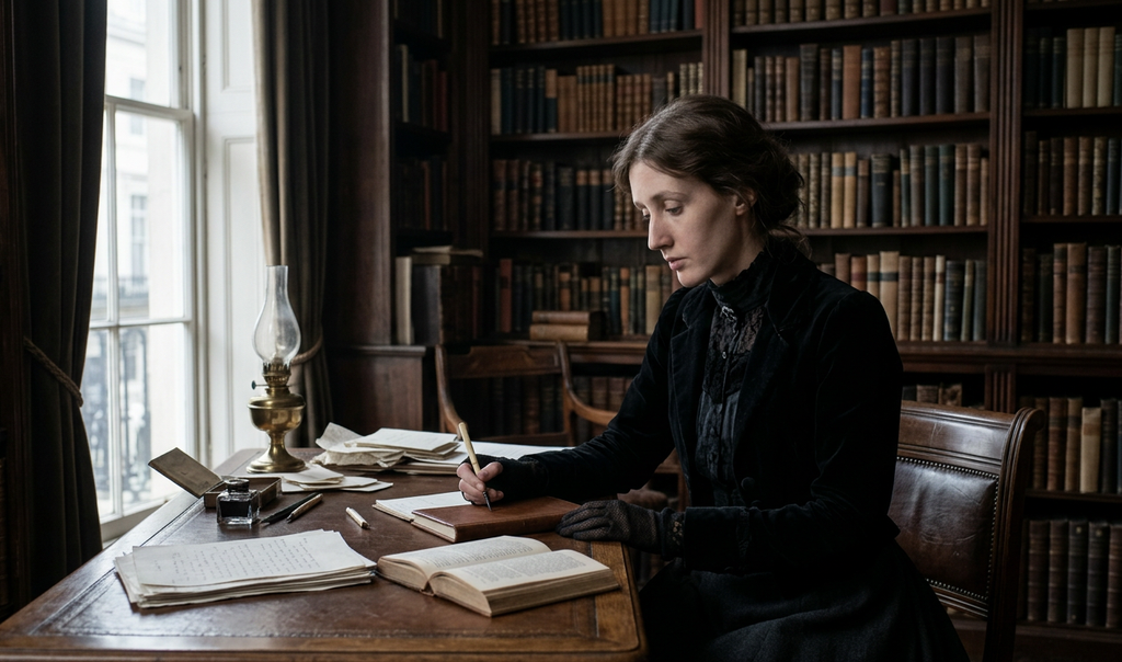 Virginia Woolf stands in a somber Edwardian study surrounded by dark wood and heavy books.