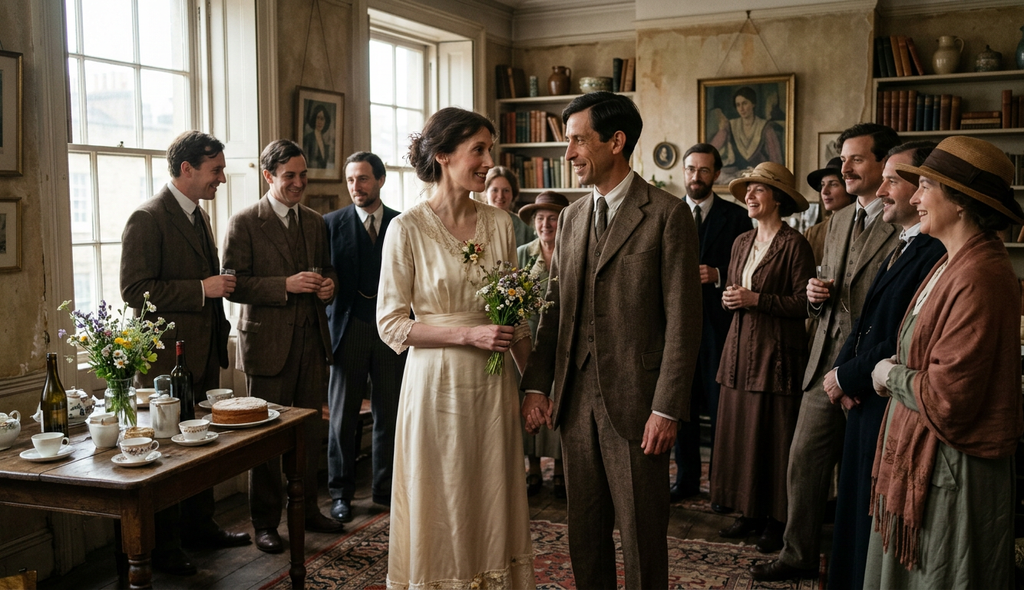 Virginia Woolf mingles with guests at a bohemian wedding gathering in London.