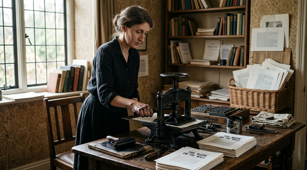 Virginia Woolf works at a wooden dining table beside a small, ink-stained handpress.