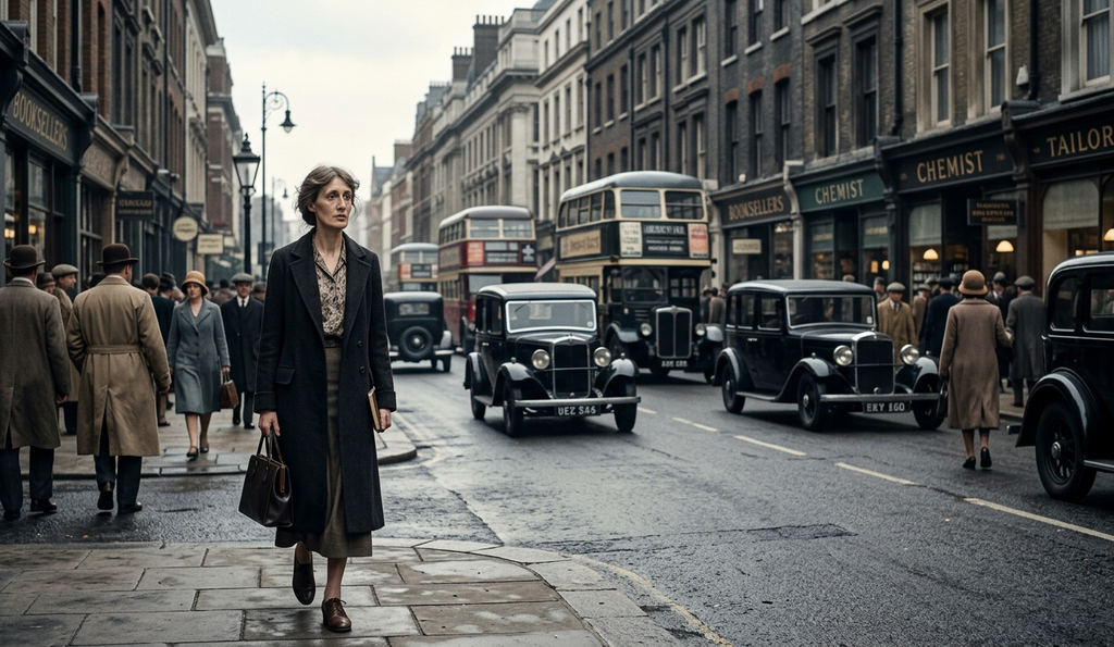 Virginia Woolf walks along a busy 1920s London street with motorcars and pedestrians.