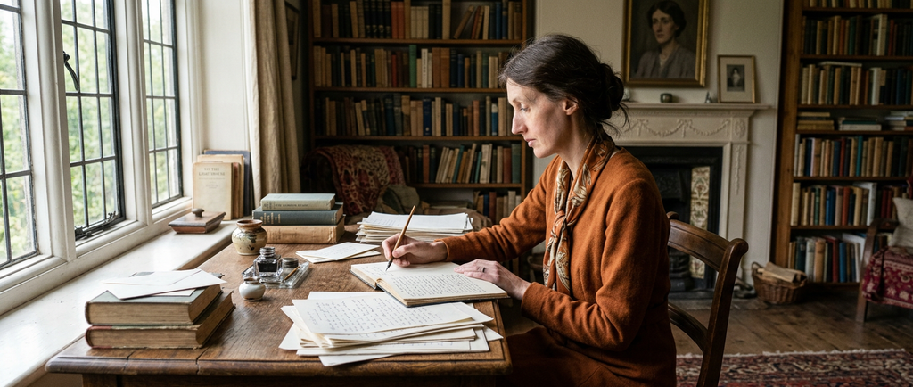 Virginia Woolf sits at a sunlit desk with papers and a pen in her study.