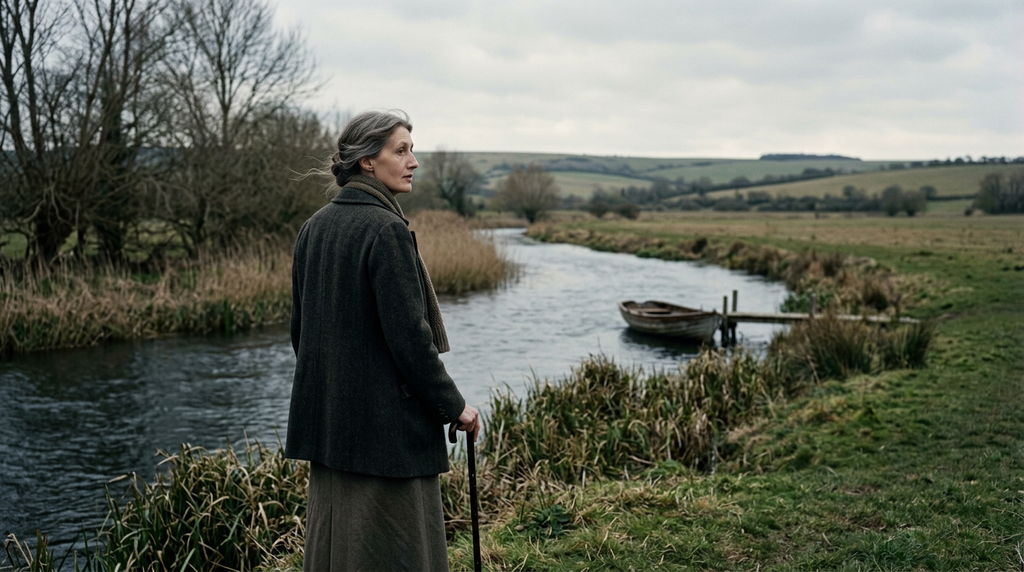 Virginia Woolf stands near the flowing waters of the River Ouse in the countryside.