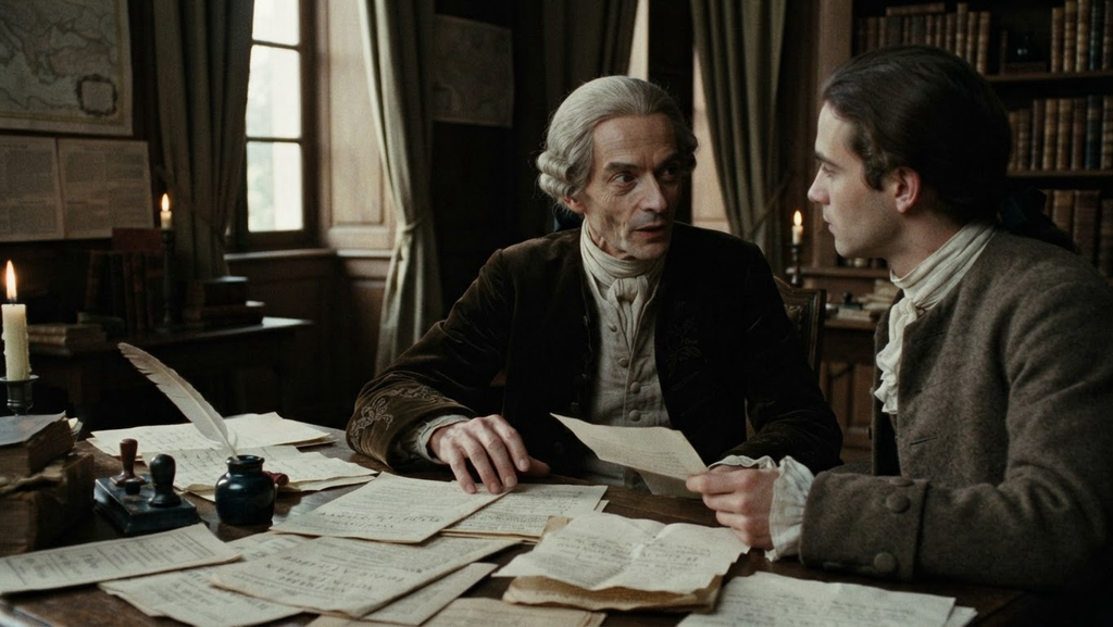 Legal pamphlets and letters are scattered across an oak desk next to a quill and inkwell.