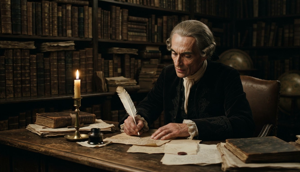 A scholar writes by candlelight in a library filled with leather-bound folios.