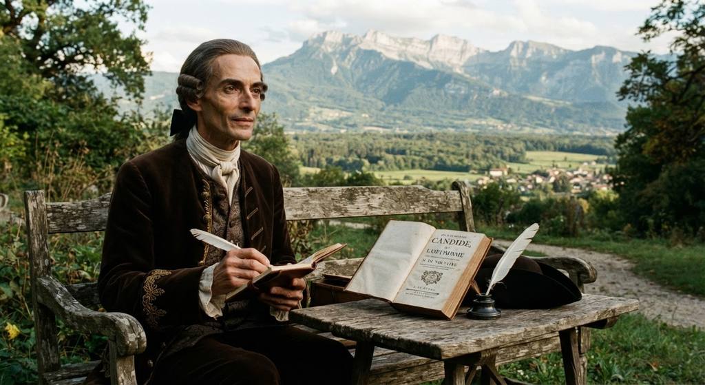 An early edition of Candide rests on a garden bench overlooking distant mountains.