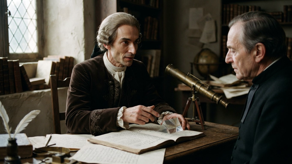 A brass telescope and prism sit on a desk beside an open manuscript on optics.