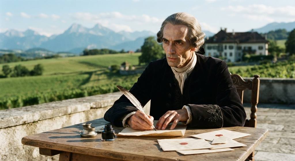 A sunlit estate overlooks green pastures with distant Alpine peaks under a clear sky.