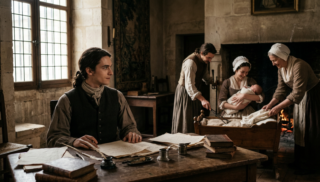 A young man with sharp features sits at a desk covered in parchment and quills in a dimly lit Parisian room.