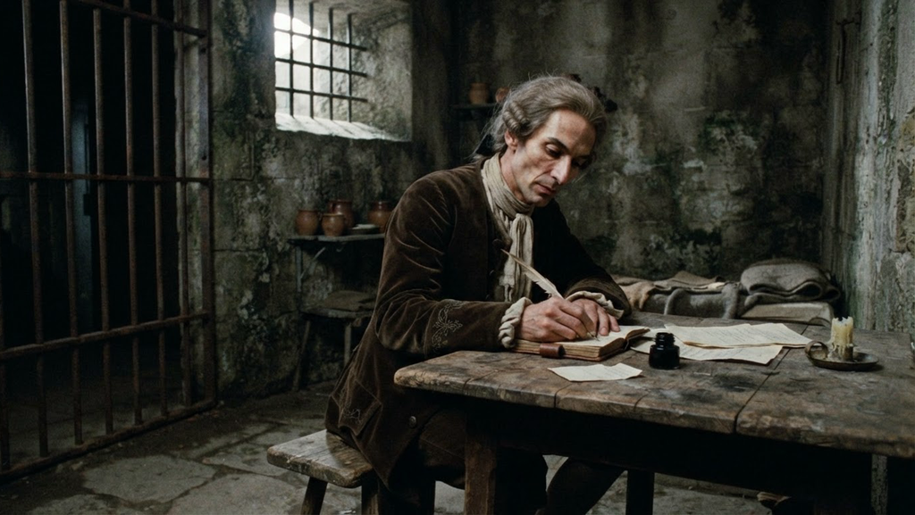 A slender man in an eighteenth-century coat sits inside a cold, stone-walled prison cell.