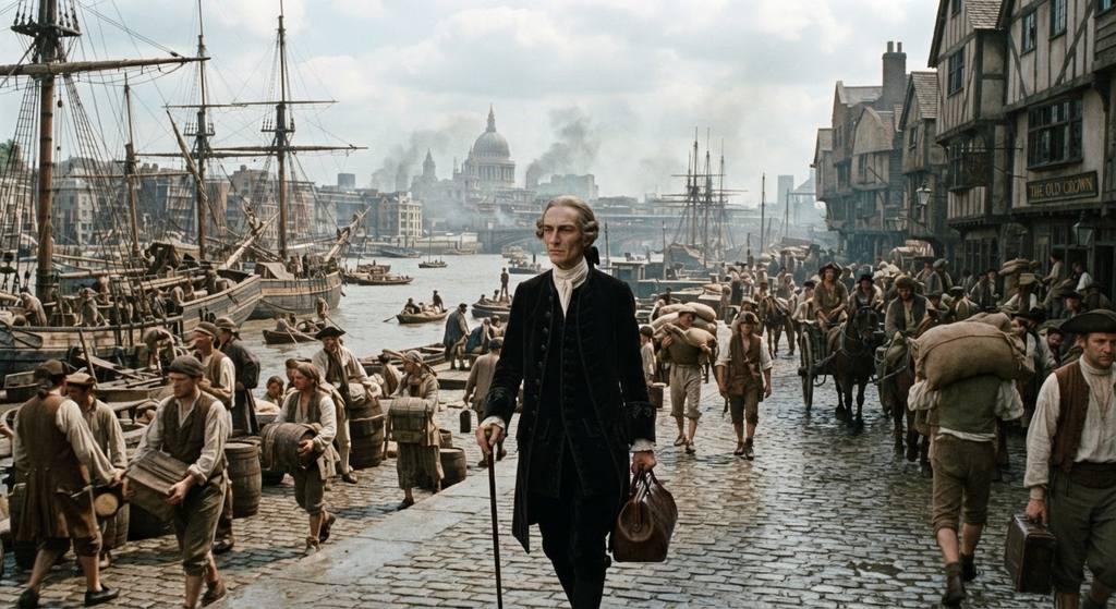 A man in a powdered wig stands on a bustling London dockside filled with sailing ships.