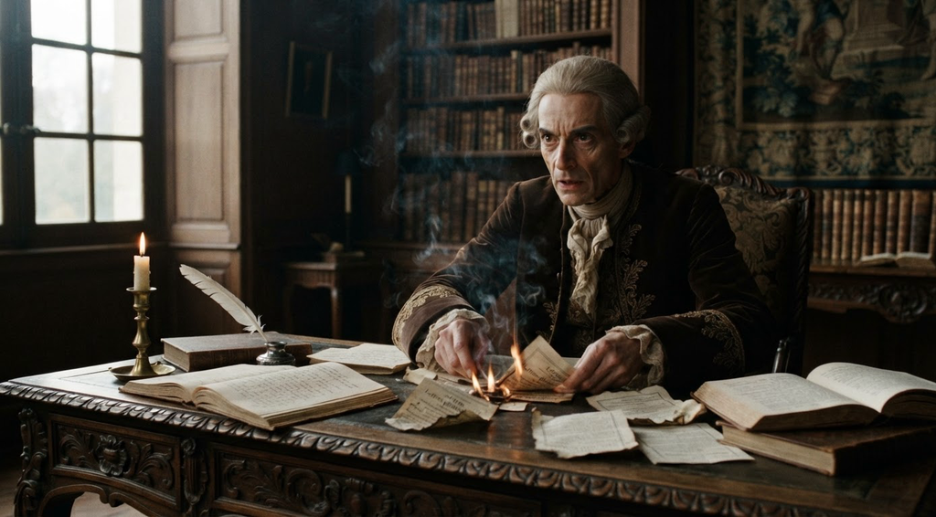 A man in period clothing sits at a desk covered in burning pamphlets and open manuscripts.