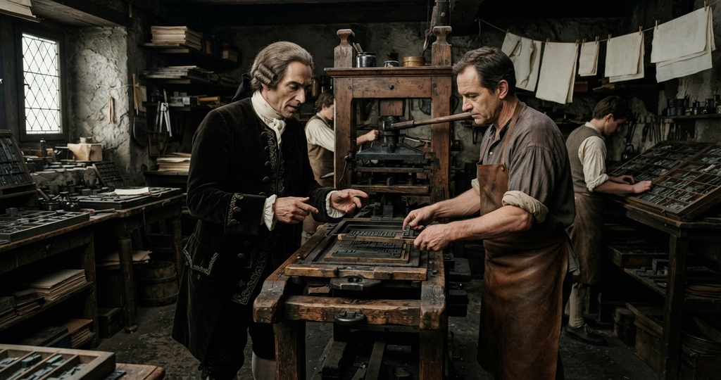A worker operates a manual printing press to set pages for a leather-bound book.