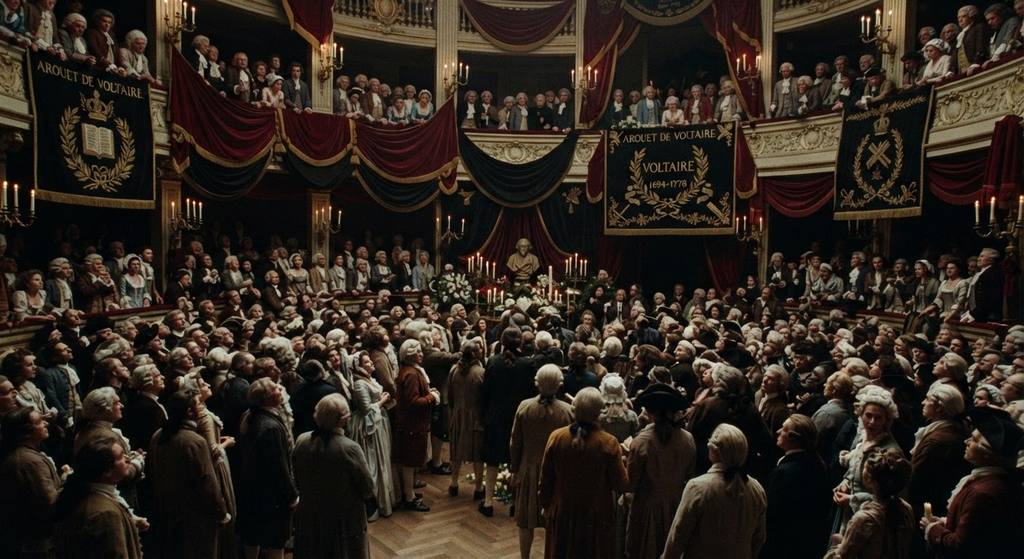 A crowded Parisian theater is decorated with velvet banners and floral tributes to an author.