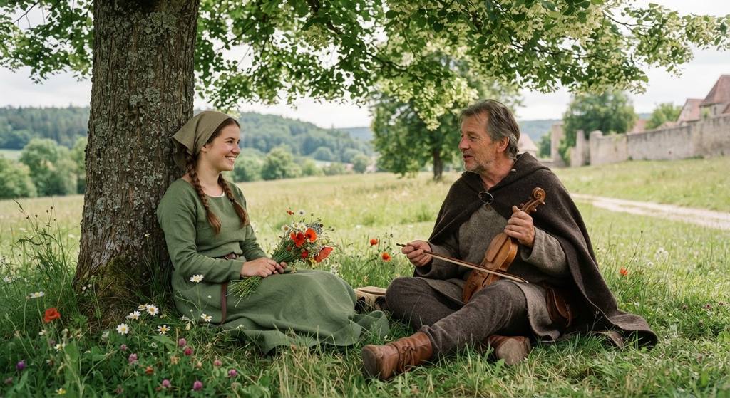 A medieval maiden rests under a flowering lime tree in a meadow, holding red flowers.