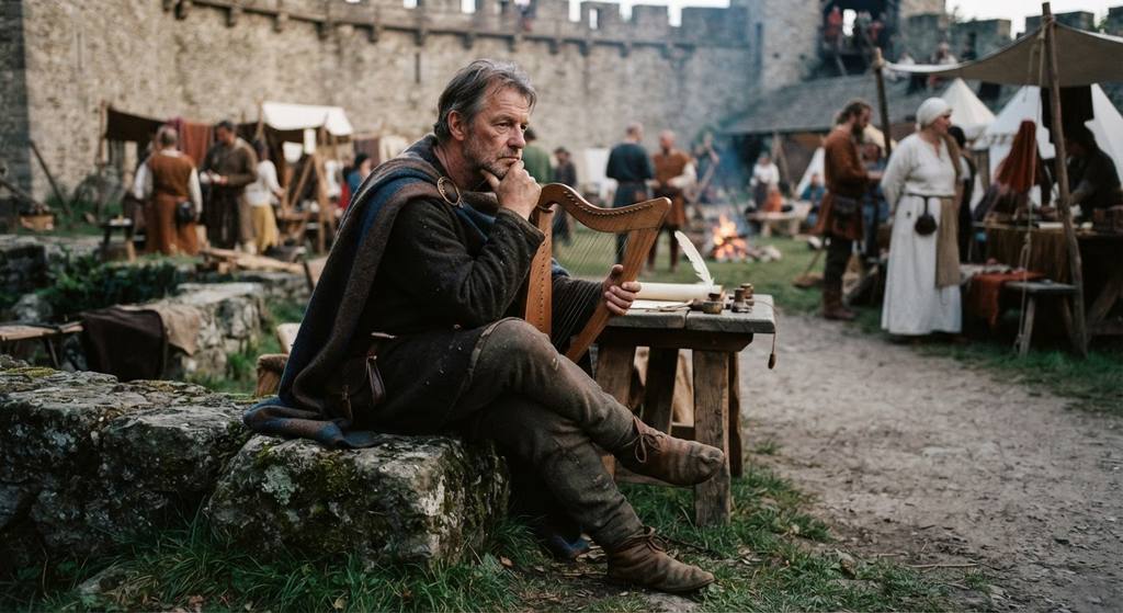A man sits on a stone with a harp, resting his chin on his hand in a thoughtful pose.