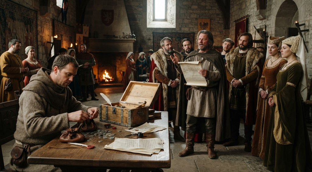 A clerk counts coins while nobles listen to a singer perform in a medieval hall.